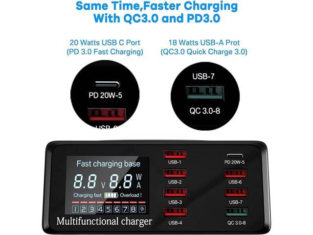 USB Charger Hub ASOMETECH 100W 8-Port Desktop Multiple USB Charging Station with PD Port, Quick Charge 3.0 USB Port, Wireless Charger, LCD Display...