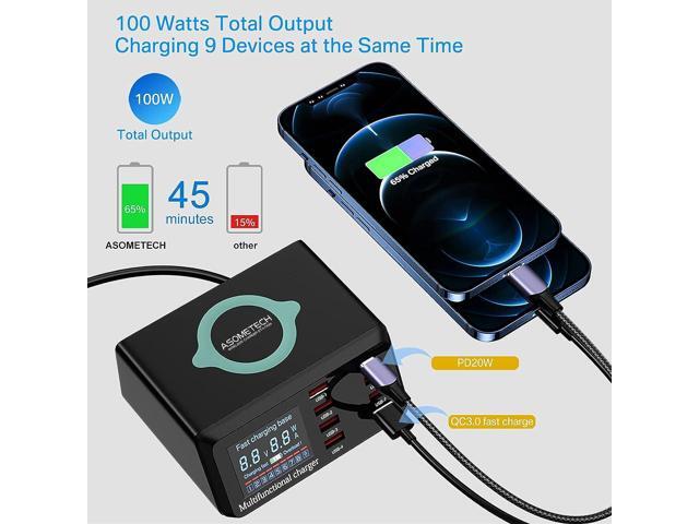 USB Charger Hub ASOMETECH 100W 8-Port Desktop Multiple USB Charging Station with PD Port, Quick Charge 3.0 USB Port, Wireless Charger, LCD Display...