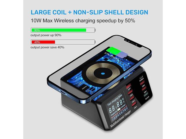 USB Charger Hub ASOMETECH 100W 8-Port Desktop Multiple USB Charging Station with PD Port, Quick Charge 3.0 USB Port, Wireless Charger, LCD Display...