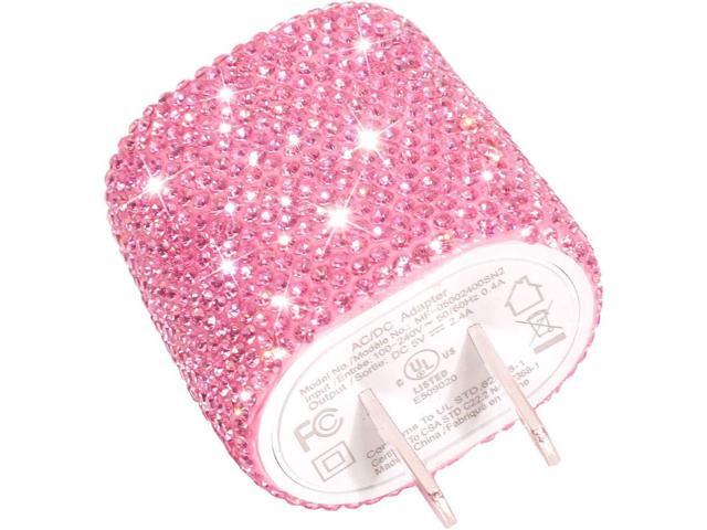 USB Wall Charger Bling 5V/2.4A 24W Dual Port Fast Charger Plug Cell Phone Block Adapter Pink for iPhone Android Samsung iPad Tablet etc.