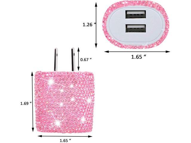 USB Wall Charger Bling 5V/2.4A 24W Dual Port Fast Charger Plug Cell Phone Block Adapter Pink for iPhone Android Samsung iPad Tablet etc.