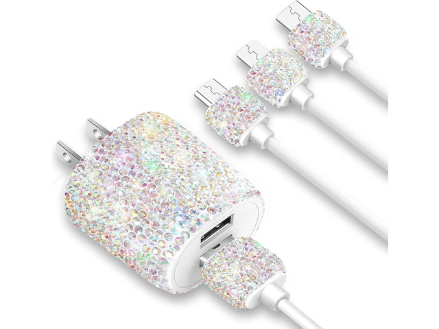 Bling USB Wall Charger with Charging Cable,Fast Block for iPhone Android,3-in-1 Multi Charger Cable Micro USB Type C Multiple USB Cord with...