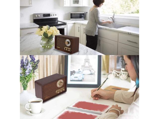 LoopTone FM AM Radio Retro Wood Radio with Bluetooth Play Mp3 and Antenna Built in Speaker for Kitchen Living Room Coffee