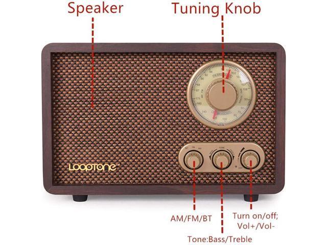 LoopTone FM AM Radio Retro Wood Radio with Bluetooth Play Mp3 and Antenna Built in Speaker for Kitchen Living Room Coffee