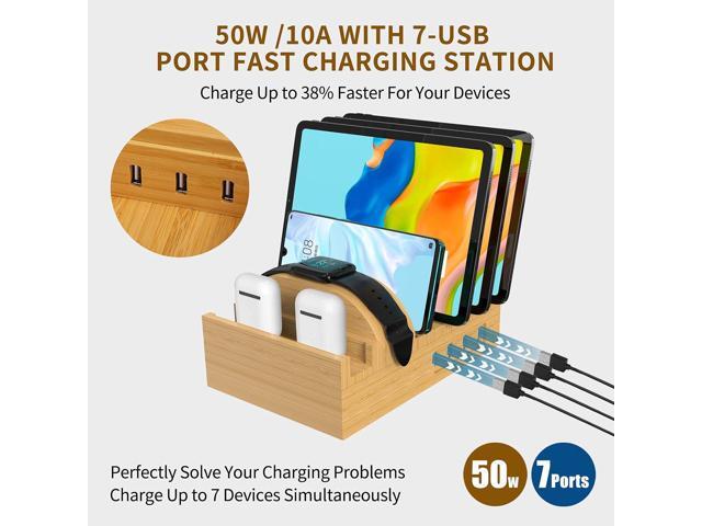Bamboo Charging Station for Multiple Devices, Alltripal Wood Desktop Docking Station 7-Port Multi-Charger Organizer Fast USB Charger Compatible...