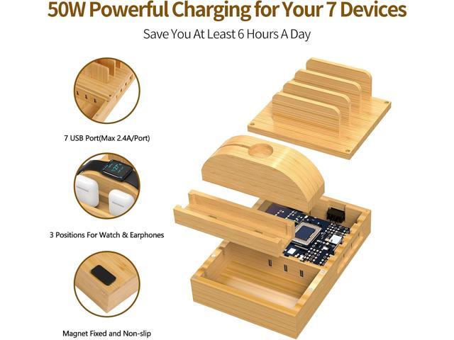 Bamboo Charging Station for Multiple Devices, Alltripal Wood Desktop Docking Station 7-Port Multi-Charger Organizer Fast USB Charger Compatible...