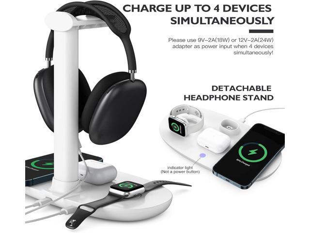 Headphone Stand with 15w Wireless Charger, Suguder 4 in 1 Charging Station Headset Holder for AirPods Max/Pro/4/3/2 iWatch 10/9/8/7/6/5/4/3/2/1/SE...