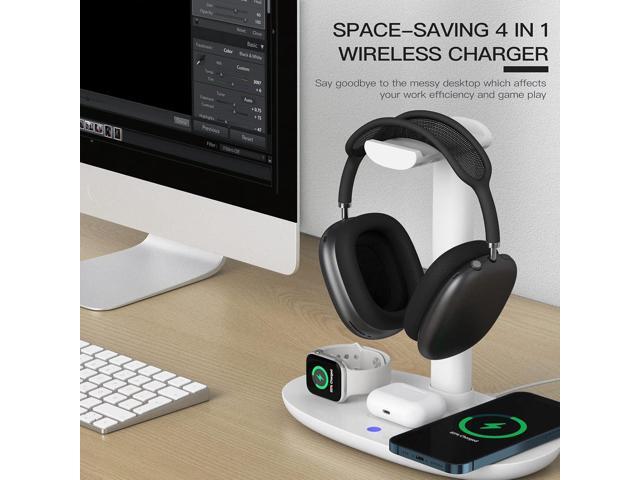 Headphone Stand with 15w Wireless Charger, Suguder 4 in 1 Charging Station Headset Holder for AirPods Max/Pro/4/3/2 iWatch 10/9/8/7/6/5/4/3/2/1/SE...
