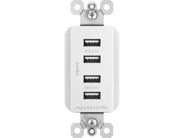 Legrand radiant TM8USB4WCCV4 Decorator Outlet Quad USB Charger, 4.2 Amp Multi Port Charging Station, White (1 Count)