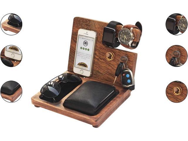 AB Handicrfafts Wooden Docking Station, Nightstand Organizer Wallet, Watch Stand Key Holder for Mom Gifts for DAD, Husband, Compatible with iPhone