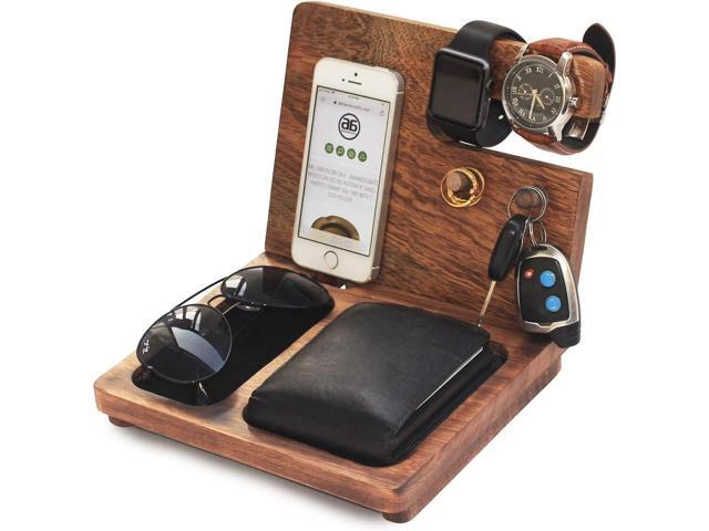 AB Handicrfafts Wooden Docking Station, Nightstand Organizer Wallet, Watch Stand Key Holder for Mom Gifts for DAD, Husband, Compatible with iPhone