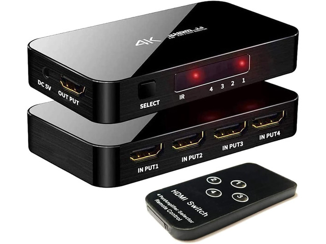 HDMI Switch 4X1, 4K Ultra HD HDMI Switcher Support HDMI 2.0 HDCP 2.2, 3D, 1080P, 4Kx2k@60Hz (IR Remote Control)