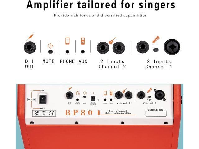 Coolmusic BP80 Battery Powered Acoustic Guitar Amplifier- Portable Bluetooth Speaker 100W, 6 Inputs,3 Band EQ,Orange