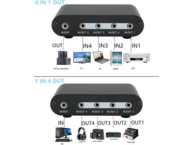 4-Way 3.5mm Stereo Audio Switch input Signal Source Switcher Selector Splitter Box with line volume controller (4 in 1 out / 1 in 4 out) -MC41