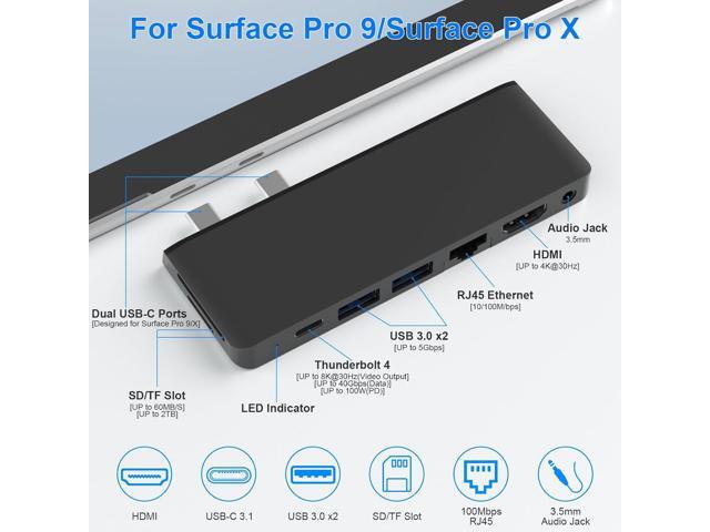 Surface Pro 9 Hub Docking Station with 4K HDMI, Thunerbolt 4(8K Video+40Gbps+100W Power), 100M Ethernet, USB3.0, SD TF Card Slot, 3.5mm Audio,...