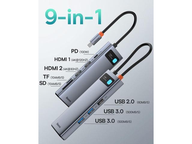 Baseus Laptop Docking Station Dual Monitor 4K@120Hz, 9 in 1 USB C Hub with 2 HDMI, 1000Mbps LAN, Max 85W PD, 3 USB, SD Card Reader, USB C Dock...