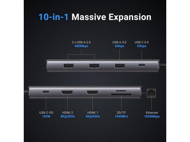 UGREEN Revodok Pro 210 Docking Station 10 in 1 USB C Dock Dual HDMI 4K@60Hz Single 8K@30Hz 100W PD 5Gbps USB C and USB A Data Ports Gigabit...
