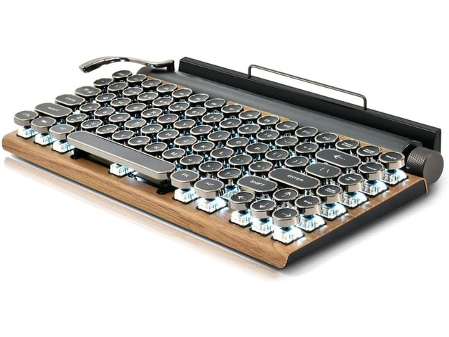 7KEYS Typewriter Keyboard Wireless Retro Style, Vintage Classical Mechanical Keyboard with Bluetooth for IPAD PC/Laptop Mac/Phone (Wood)