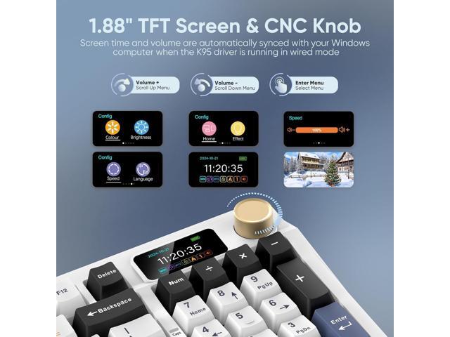RedThunder K95 Wireless Mechanical Keyboard, TFT Screen & Knob, Tri-Mode BT5.0/2.4GHz/USB-C Hot Swappable Custom, Pre-lubed Linear Switches, Gasket...
