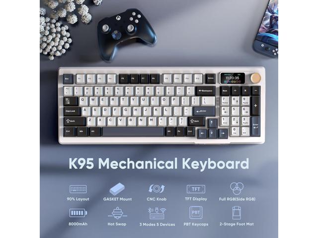 RedThunder K95 Wireless Mechanical Keyboard, TFT Screen & Knob, Tri-Mode BT5.0/2.4GHz/USB-C Hot Swappable Custom, Pre-lubed Linear Switches, Gasket...