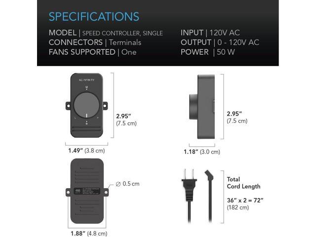 AC Infinity, Fan Speed Controller for 100 to 125V AC Axial Muffin Cooling Fans, Single Connector, for DIY Cooling Ventilation Exhaust Projects