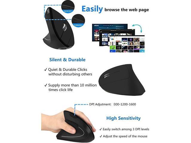 Ergonomic Left-Handed Wireless Vertical Mouse, 2.4G, 3 Adjustable DPI (800/1200/1600), Specially for Left Handers