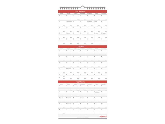 Universal Three-Month Wall Calendar White/Black/Red 12 x 27 2021 71003
