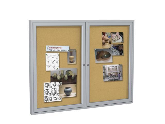 Ghent PA24860K 2 Door Enclosed Natural Cork Bulletin Board with Satin Frame - 60' x 48' - Tan Surface, Satin Aluminum Frame