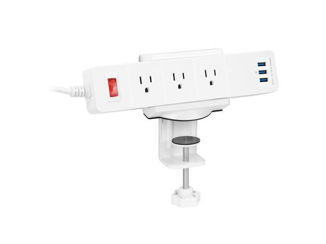 Mount-It! White Power Strip and Clamp Desk Mount 3 USB and AC Ports