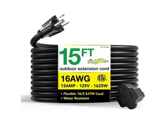 Go Green Power 15' Indoor/Outdoor Extension Cord 16 AWG Black (GG-13715BK)