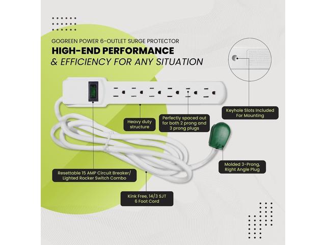 GoGreen Power 6 Outlet Surge Protector 6' Cord White (GG-16106MS)