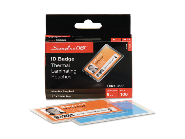 Swingline UltraClear Thermal Laminating Pouch ID Badge 5mil 2 5/8 x 3 7/8 100/Pack 56005