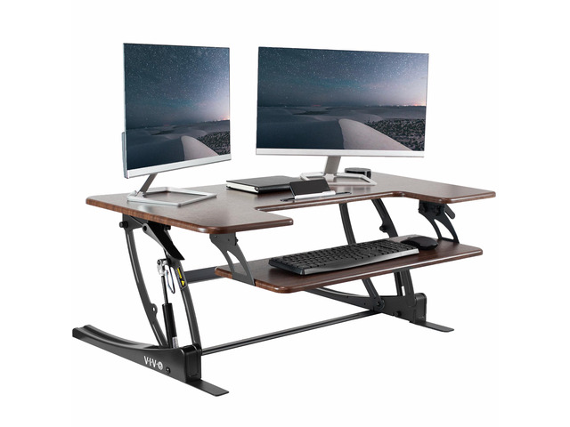 VIVO Dark Walnut Height Adjustable Extra Wide 42' Stand Up Desk Converter, Tabletop Monitor Riser (DESK-V000VLD)
