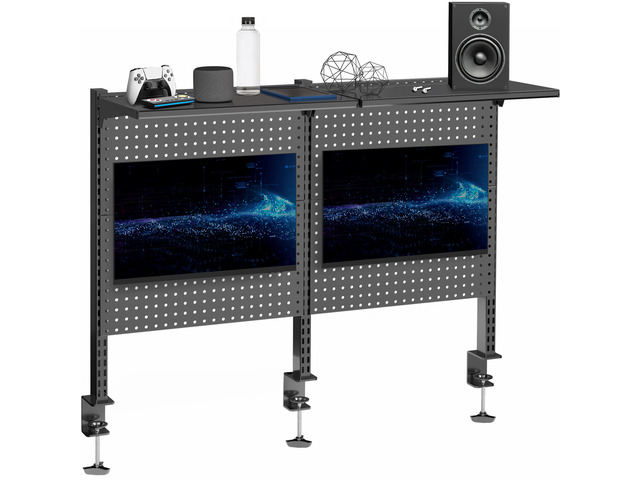 VIVO Black Steel Clamp-on 47' Pegboard with Monitor Mounts & Overhead Shelf