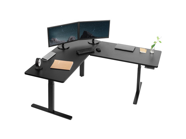 VIVO Electric Stand Up Corner Desk Workstation Black Table Tops, Black Frame