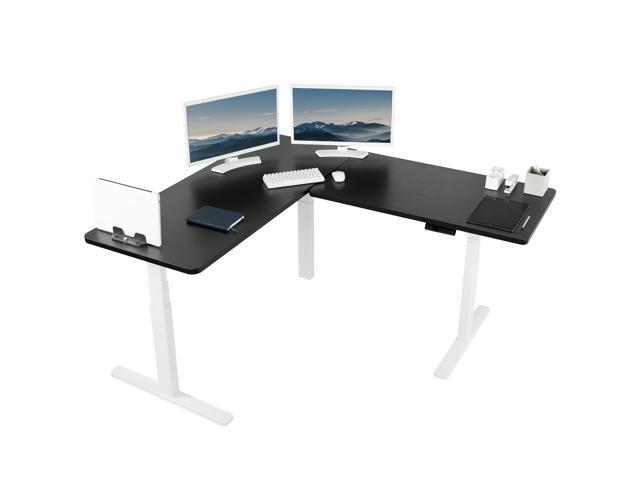 VIVO Electric Stand Up Corner Desk, Black Table Tops, White Frame