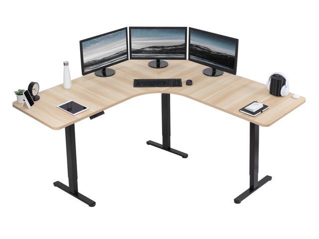 VIVO Light Wood / Black Electric 71' x 71' Curved Corner Stand Up Desk