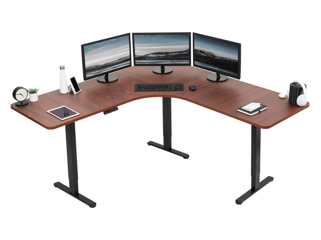 VIVO Dark Walnut / Black Electric 71' x 71' Curved Corner Stand Up Desk
