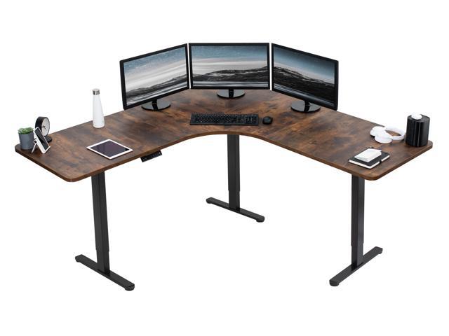 VIVO Rustic Vintage Brown / Black Electric 71' x 71' Curved Corner Stand Up Desk
