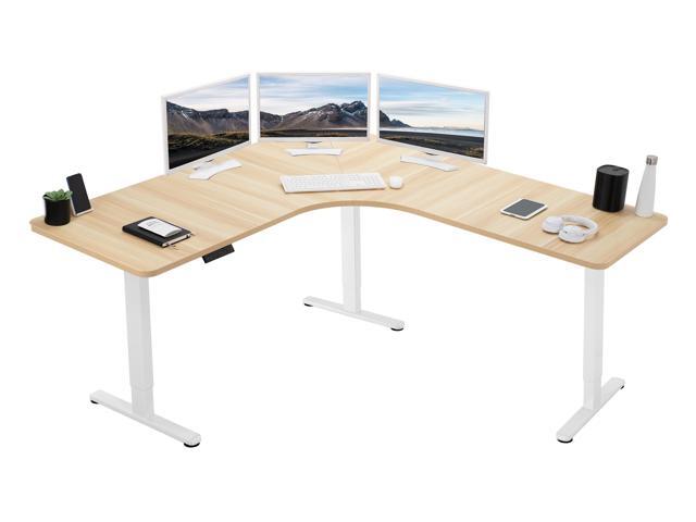 VIVO Light Wood / White Electric 71' x 71' Curved Corner Stand Up Desk