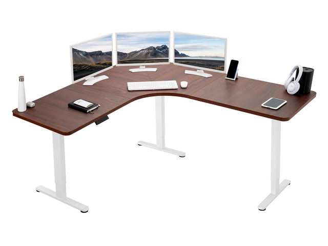 VIVO Dark Walnut / White Electric 71' x 71' Curved Corner Stand Up Desk