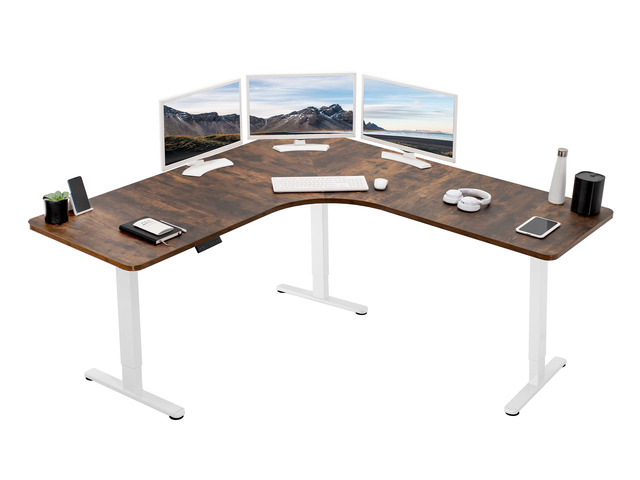VIVO Rustic Vintage Brown / White Electric 71' x 71' Curved Corner Stand Up Desk