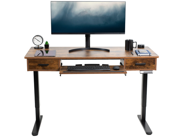 VIVO Electric 55 x 24 Desk with Rear-set Legs, Vintage Brown Top, Black Frame