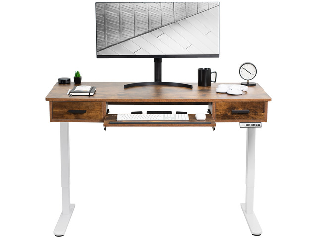 VIVO Electric 55 x 24 Desk with Rear-set Legs, Vintage Brown Top, White Frame
