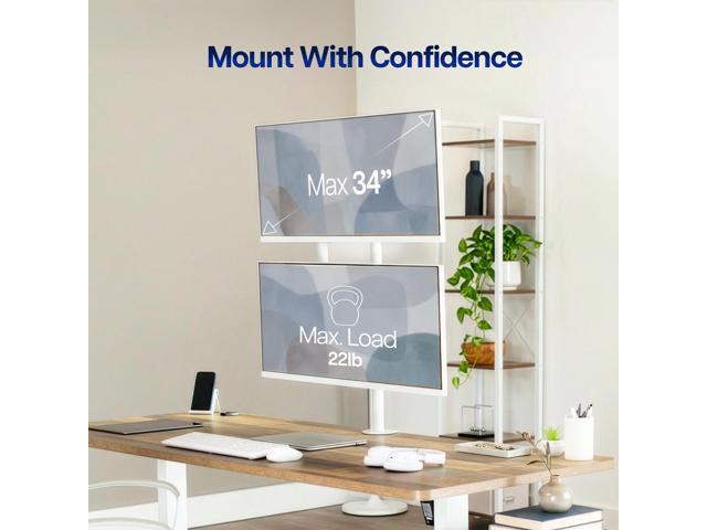 White Dual LCD Monitor Desk Mount Stand, Stacked Vertical 2 Screens up to 34'