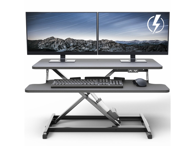 VIVO Black Electric 32' Standing Desk Monitor Riser, Dual Arm Sit Stand Tabletop