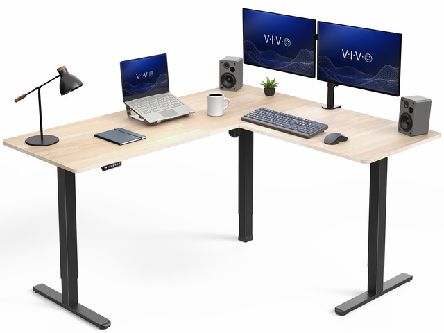 VIVO Electric 63' x 55' Corner Standing Desk, Light Wood Table Top, Black Frame