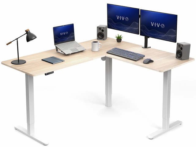 VIVO Light Wood / White Electric 63' x 55' Corner Desk, L-Shaped Workstation