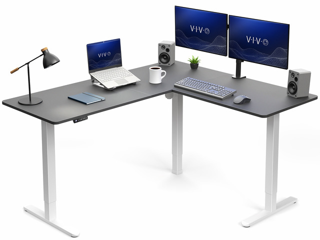 VIVO Electric 63' x 55' Corner Stand Up Desk, Black Table Top, White Frame