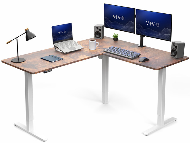 VIVO Electric 63' x 55' Corner Desk, Rustic Vintage Brown Table Top, White Frame